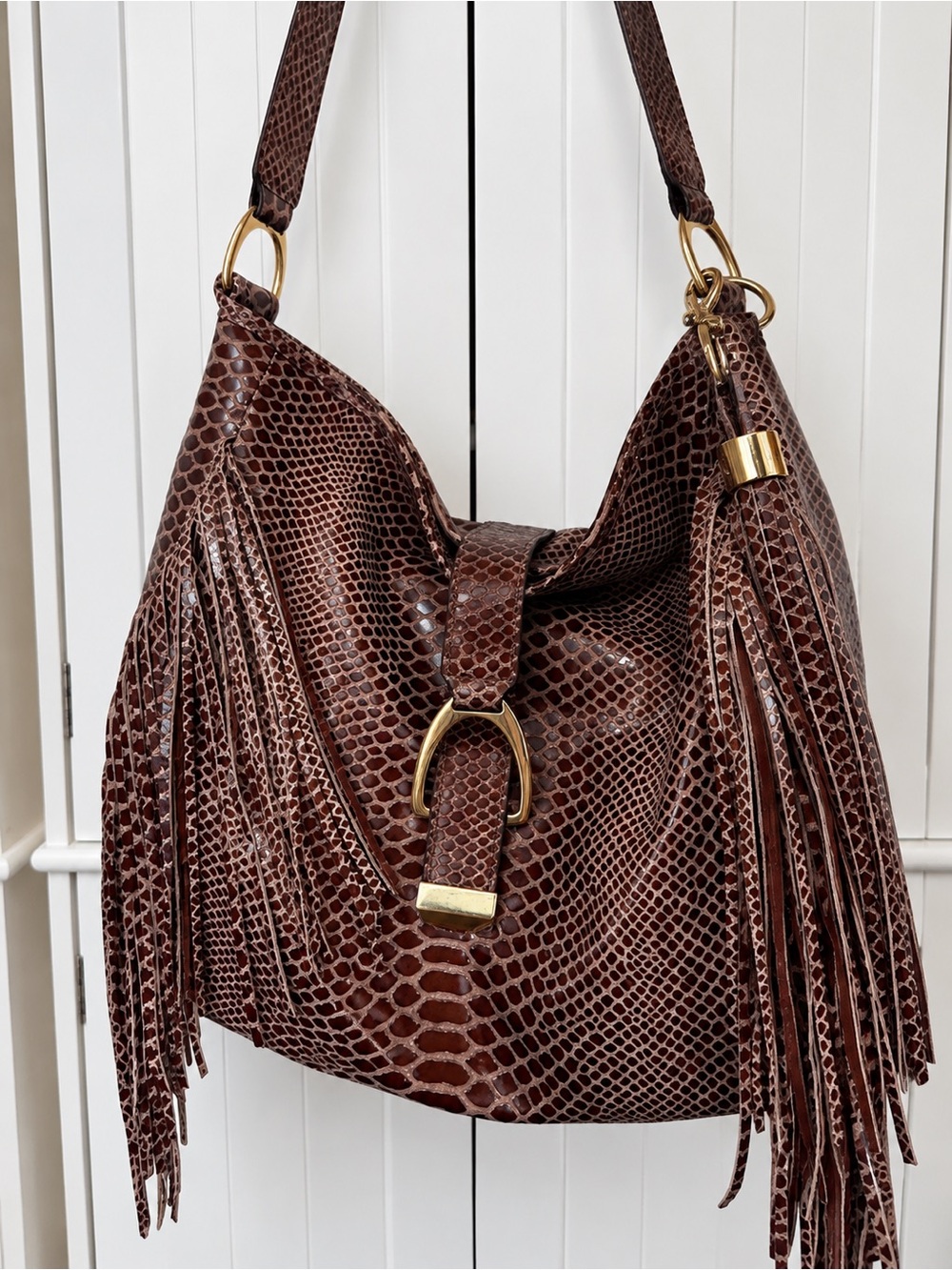 G.I.L.I. Sienna Cobra Leather FRINGE Stirrup Hobo  Bag with fringe tassel  NWOT